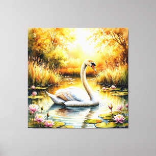 Elegant Swan Gliding in Tranquil Pond Canvas Print