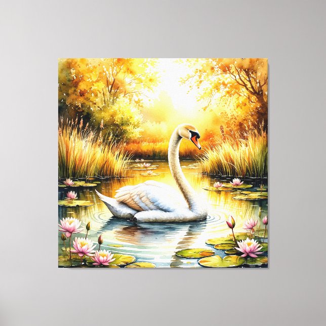Elegant Swan Gliding in Tranquil Pond Canvas Print (Front)