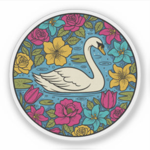 Elegant Swan in Floral Pond - Colorful Nature Art