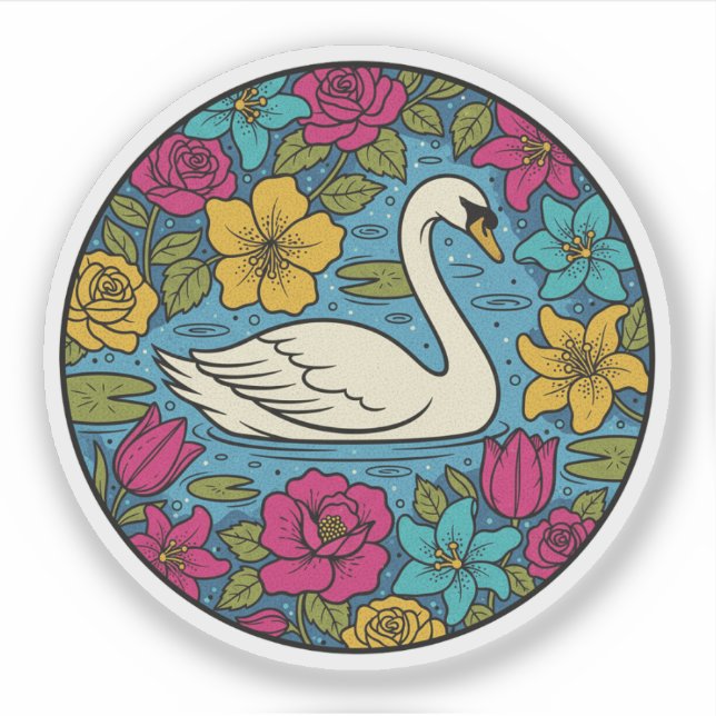 Elegant Swan in Floral Pond - Colourful Nature Art (Front)