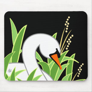 Elegant Swan On Black Background Mouse Mat