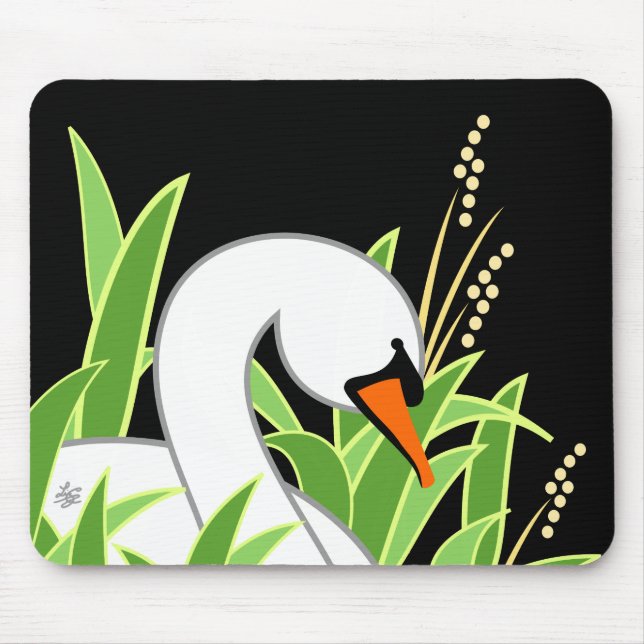 Elegant Swan On Black Background Mouse Mat (Front)