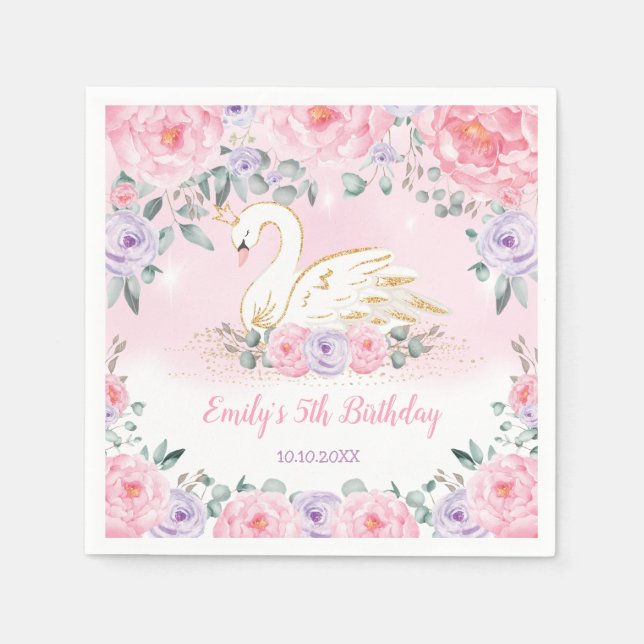 Elegant Swan Princess | Pink Purple Floral Party Napkin (Front)