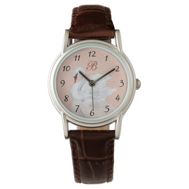 Elegant Swan | Rose Gold Glitter Monogram  Watch (Front)