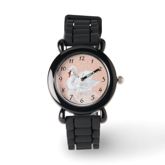 Elegant Swan Rose Gold Glitter Numbers Watch (Front)