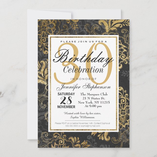 Elegant Swanky Faux Gold, Black, & Grey Floral Invitation (Front)