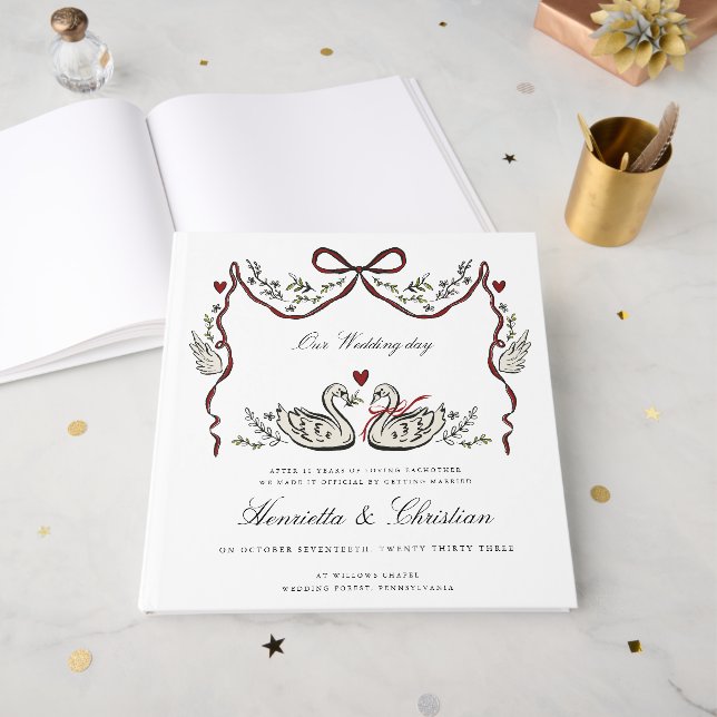 Elegant Swans Love Story Wedding Day Guest Book (Front Open)