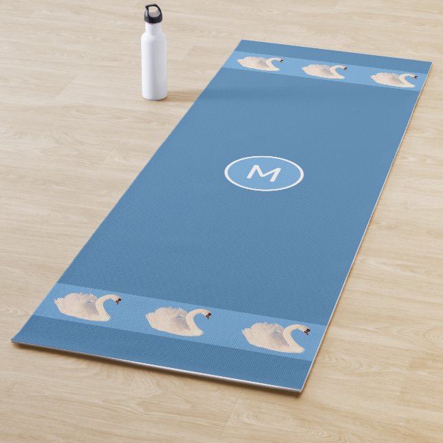Elegant Swans & Monogram on Steel Blue Yoga Mat (In Situ)