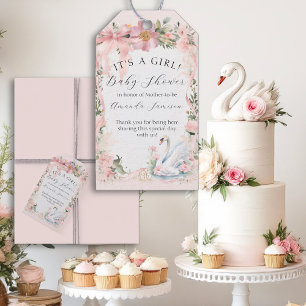 Elegant Swans Pink Ribbon Floral Baby Girl Shower Gift Tags