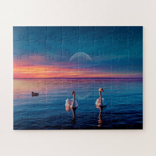 Elegant Swans Water Sunset Jigsaw Puzzle