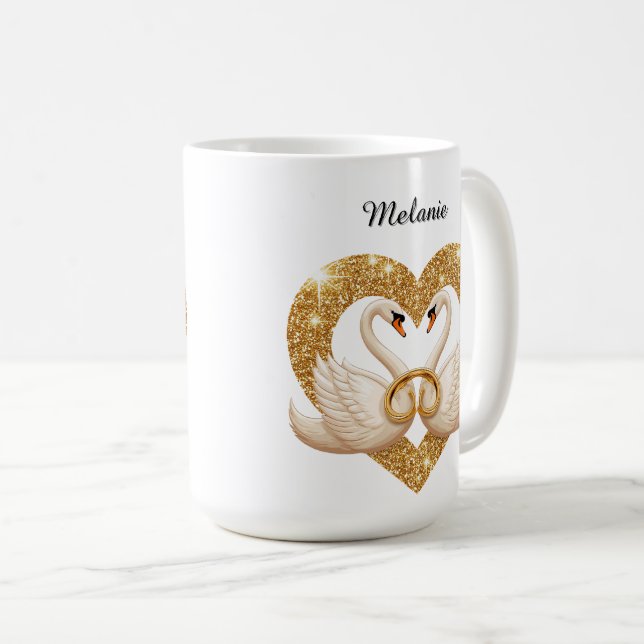 Elegant Swans with Golden Rings Coffee Mug (Front Right)