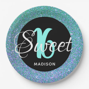 Elegant Sweet 16 Aqua Blue Glitter Personalised Paper Plate
