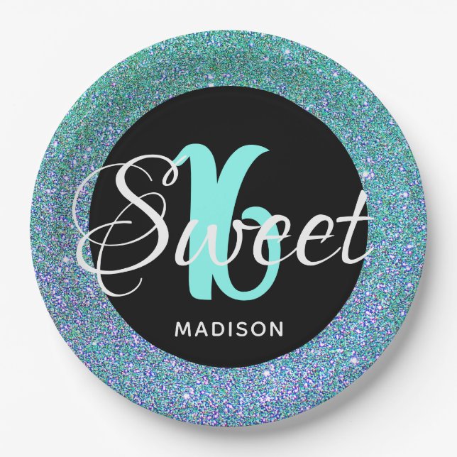 Elegant Sweet 16 Aqua Blue Glitter Personalised Paper Plate (Front)