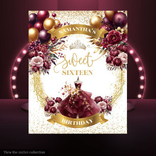 Elegant Sweet 16 Backdrop Burgundy Dress Balloons Tapestry