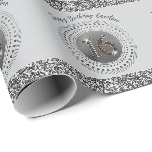 Elegant Sweet 16 Birthday, Black Glitter & Stripes Wrapping Paper (Roll Corner)