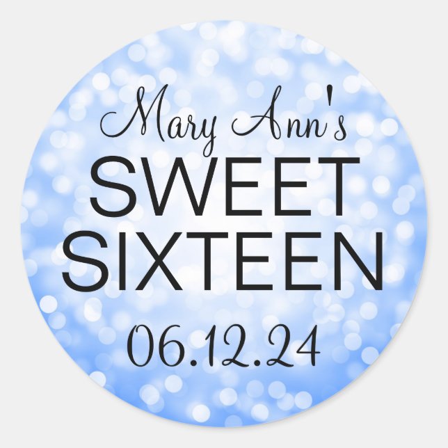 Elegant Sweet 16 Birthday Blue Glitter Lights Classic Round Sticker (Front)