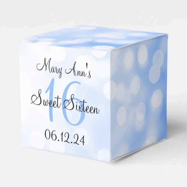 Elegant Sweet 16 Birthday Blue Glitter Lights Favour Box (Front Side)