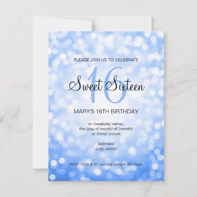 Elegant Sweet 16 Birthday Blue Glitter Lights Invitation (Front)