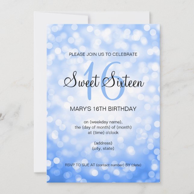 Elegant Sweet 16 Birthday Blue Glitter Lights Invitation (Front)