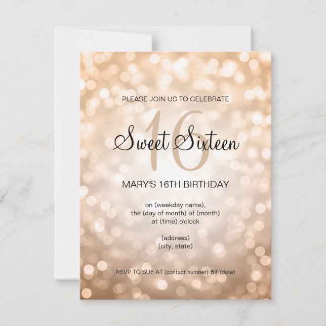 Elegant Sweet 16 Birthday Copper Glitter Lights Invitation (Front)