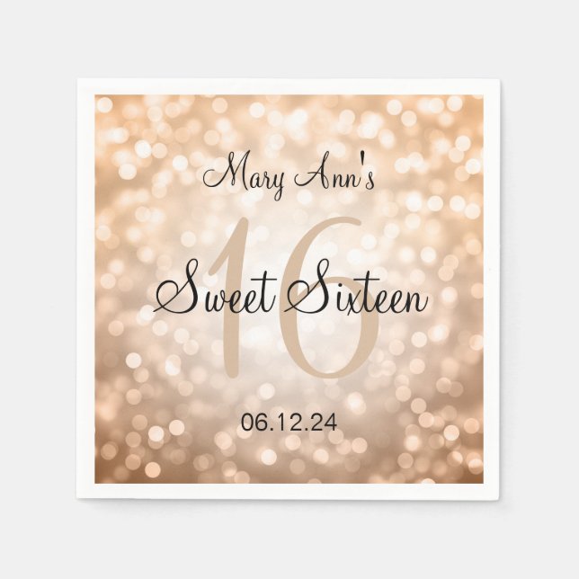 Elegant Sweet 16 Birthday Copper Glitter Lights Napkin (Front)
