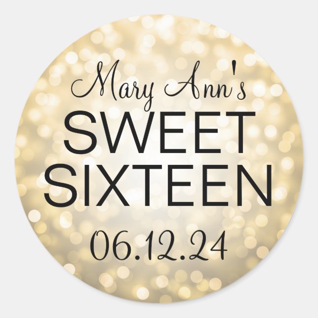 Elegant Sweet 16 Birthday Gold Glitter Lights Classic Round Sticker (Front)