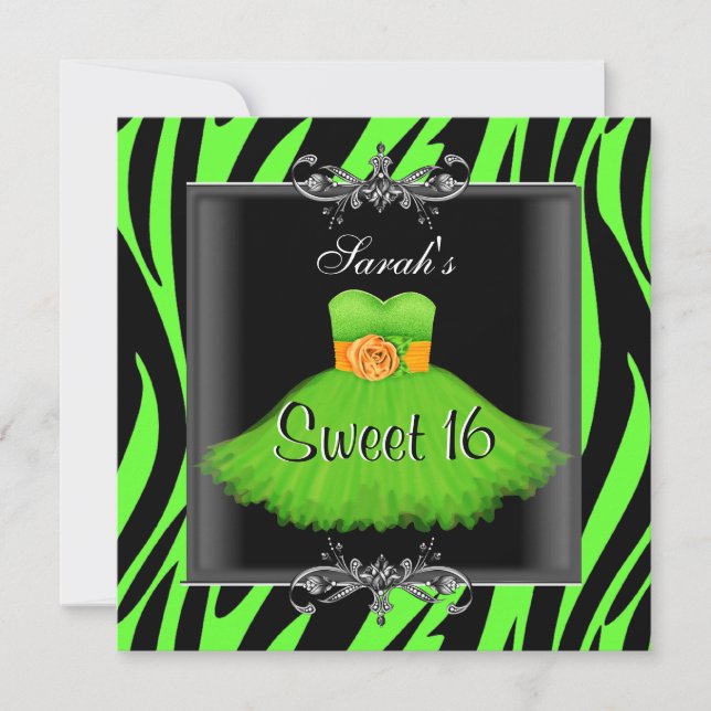 Elegant Sweet 16 Birthday Lime Zebra Black Dress Invitation (Front)