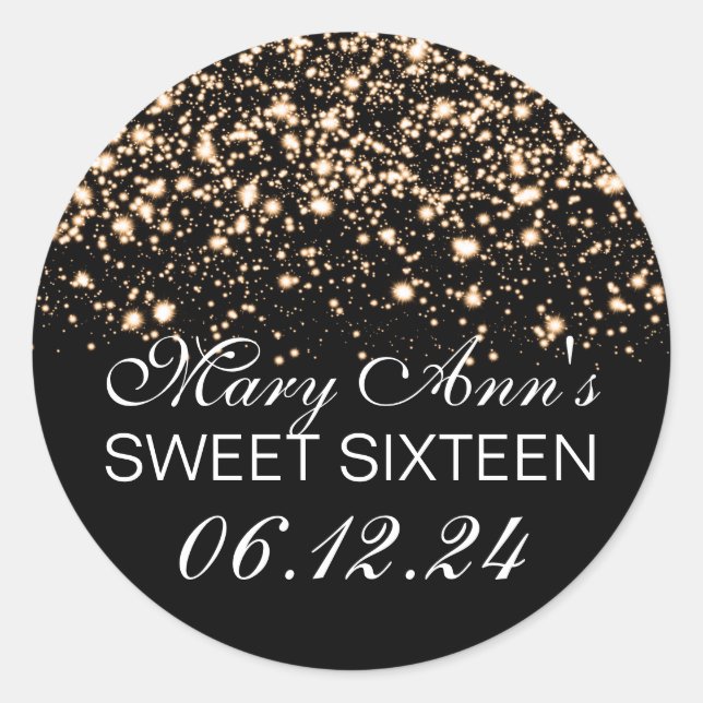 Elegant Sweet 16 Birthday Midnight Glam Gold Classic Round Sticker (Front)