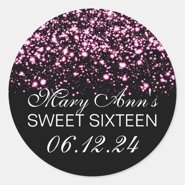 Elegant Sweet 16 Birthday Midnight Glam Pink Classic Round Sticker (Front)