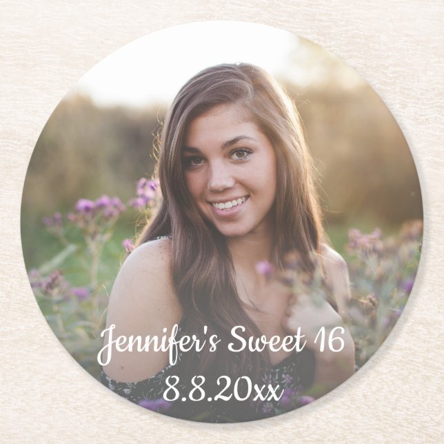 elegant  sweet 16 birthday minimal faded photo round paper coaster (Front)