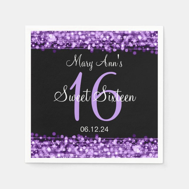 Elegant Sweet 16 Birthday Party Sparkles Purple Napkin (Front)
