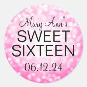 Elegant Sweet 16 Birthday Pink Glitter Lights Classic Round Sticker