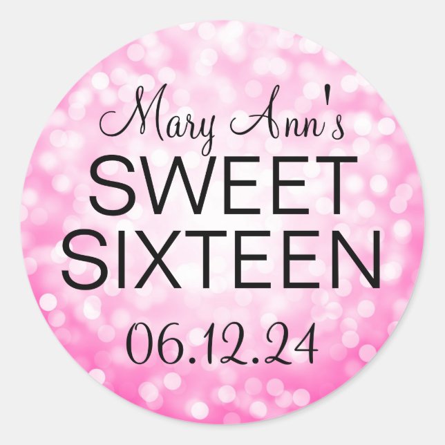 Elegant Sweet 16 Birthday Pink Glitter Lights Classic Round Sticker (Front)