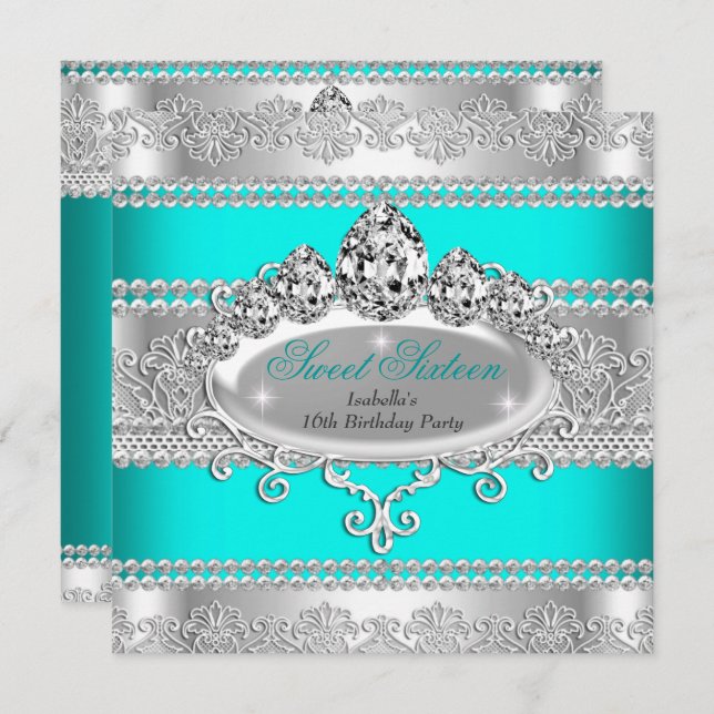 Elegant Sweet 16 Birthday Princess Teal Blue Tiara Invitation (Front/Back)