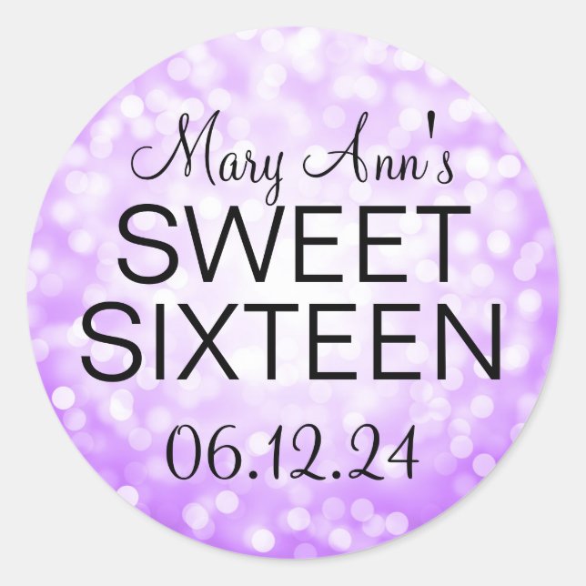 Elegant Sweet 16 Birthday Purple Glitter Lights Classic Round Sticker (Front)