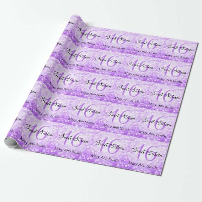 Elegant Sweet 16 Birthday Purple Glitter Lights Wrapping Paper (Unrolled)