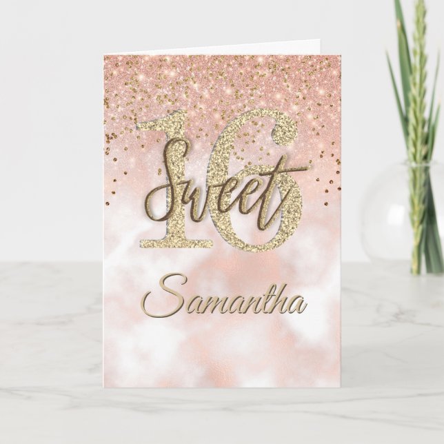 Elegant Sweet 16 Birthday Rose Gold Glitter Card (Front)