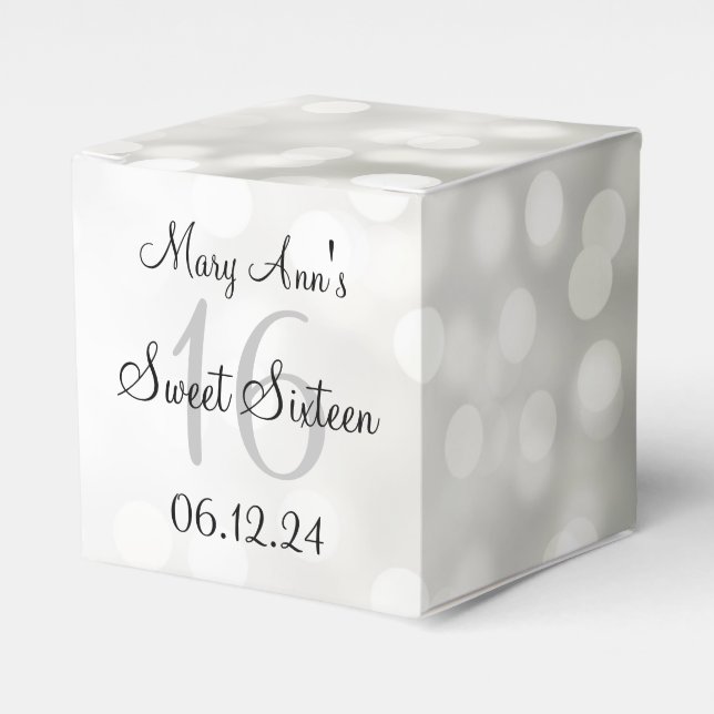 Elegant Sweet 16 Birthday Silver Glitter Lights Favour Box (Front Side)