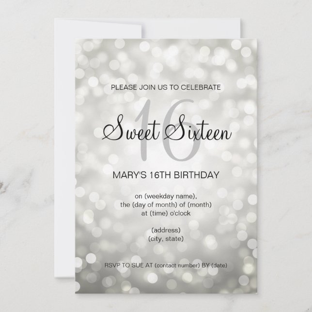Elegant Sweet 16 Birthday Silver Glitter Lights Invitation (Front)