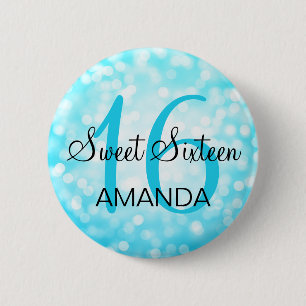 Elegant Sweet 16 Birthday Turquoise Glitter Lights 6 Cm Round Badge