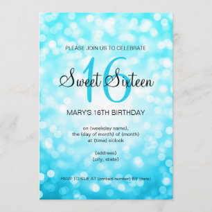 Elegant Sweet 16 Birthday Turquoise Glitter Lights Invitation