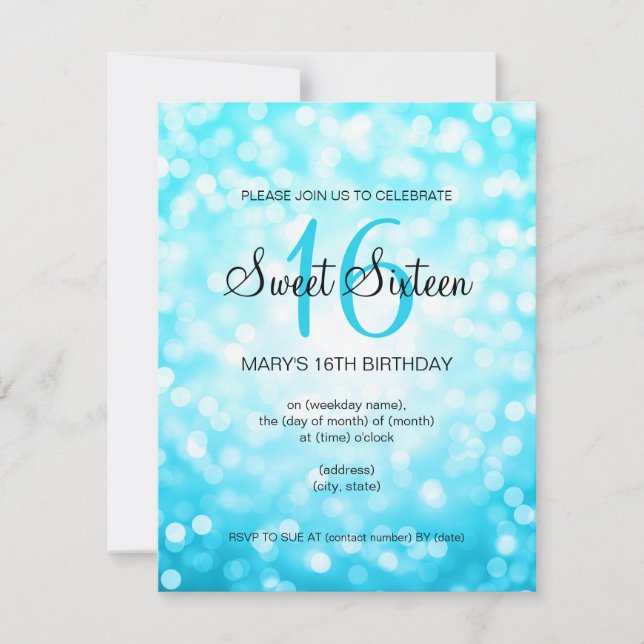 Elegant Sweet 16 Birthday Turquoise Glitter Lights Invitation (Front)