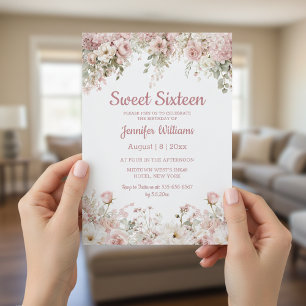 elegant sweet 16 birthday watercolor pink floral  invitation