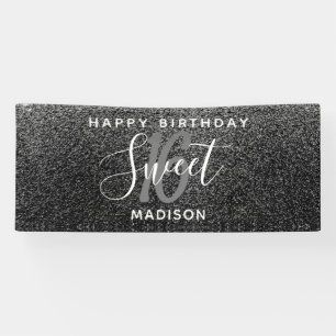 Elegant Sweet 16 Black Silver Faux Glitter Name Banner