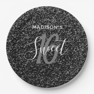 Elegant Sweet 16 Black Silver Specks Personalised Paper Plate