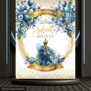 Elegant Sweet 16 Blue Gold Watercolor Glitter Tapestry