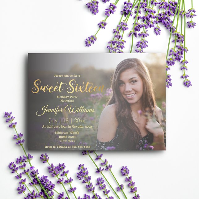 elegant sweet 16 gold chic calligraphy photo  invitation (Creator Uploaded)