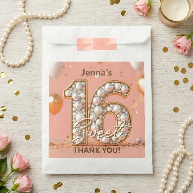 Elegant Sweet 16 Gold Pearl Pink Balloons Favour Bags (Creator Uploaded)