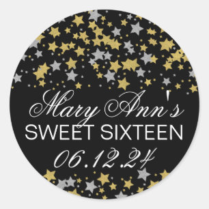 Elegant Sweet 16 Gold Silver Glitter Star Confetti Classic Round Sticker