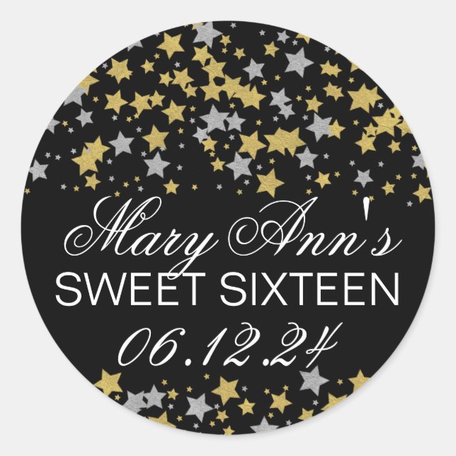 Elegant Sweet 16 Gold Silver Glitter Star Confetti Classic Round Sticker (Front)
